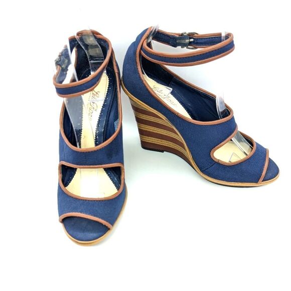LelaRose Navy Blue Ankle Strap Peep toe wooden brown wedges. - Picture 1 of 14